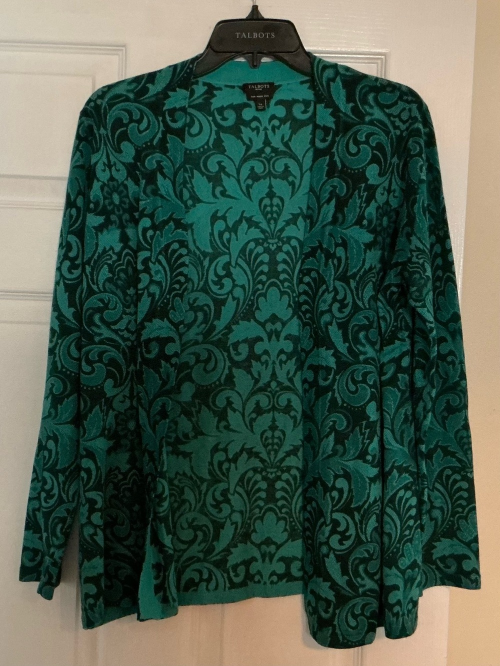 Talbots Teal and Black Damask Open-Front Cardigan